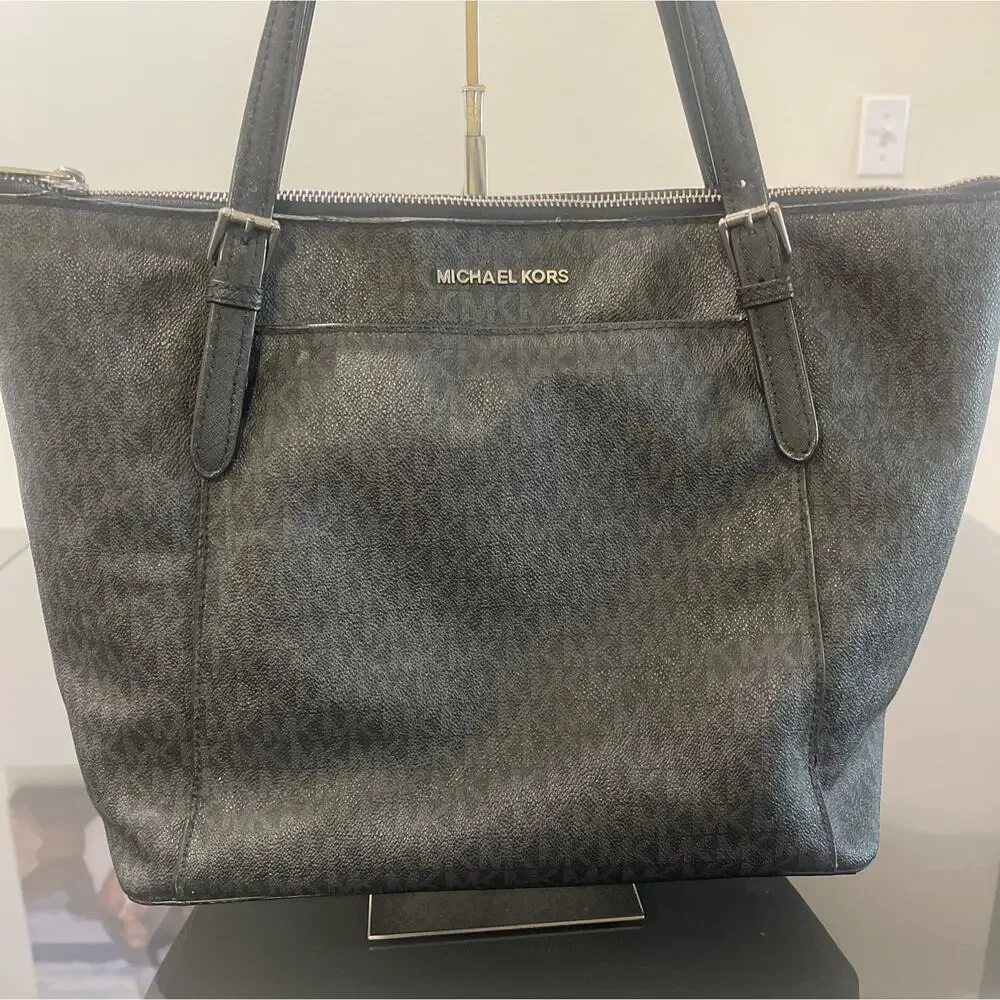 Michael Kors Jet Set MK Logo Black Leather Tote Bag Purse